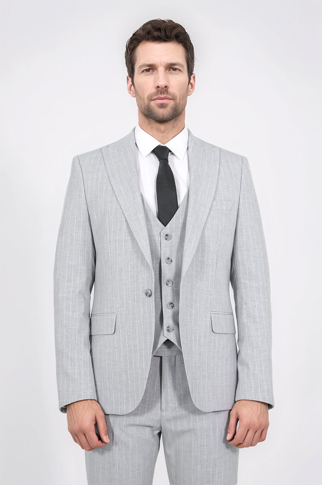 Pinstripe Single Button Vested Light Grey Men's Suit – Wessi