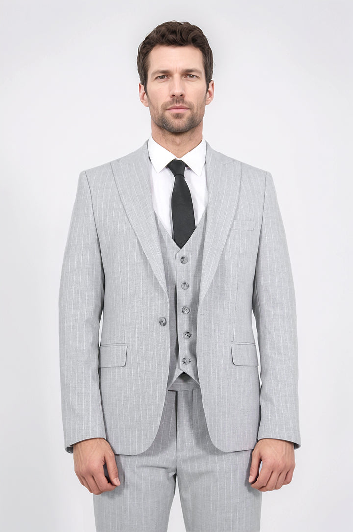Pinstripe Single Button Vested Light Grey Men's Suit – Wessi