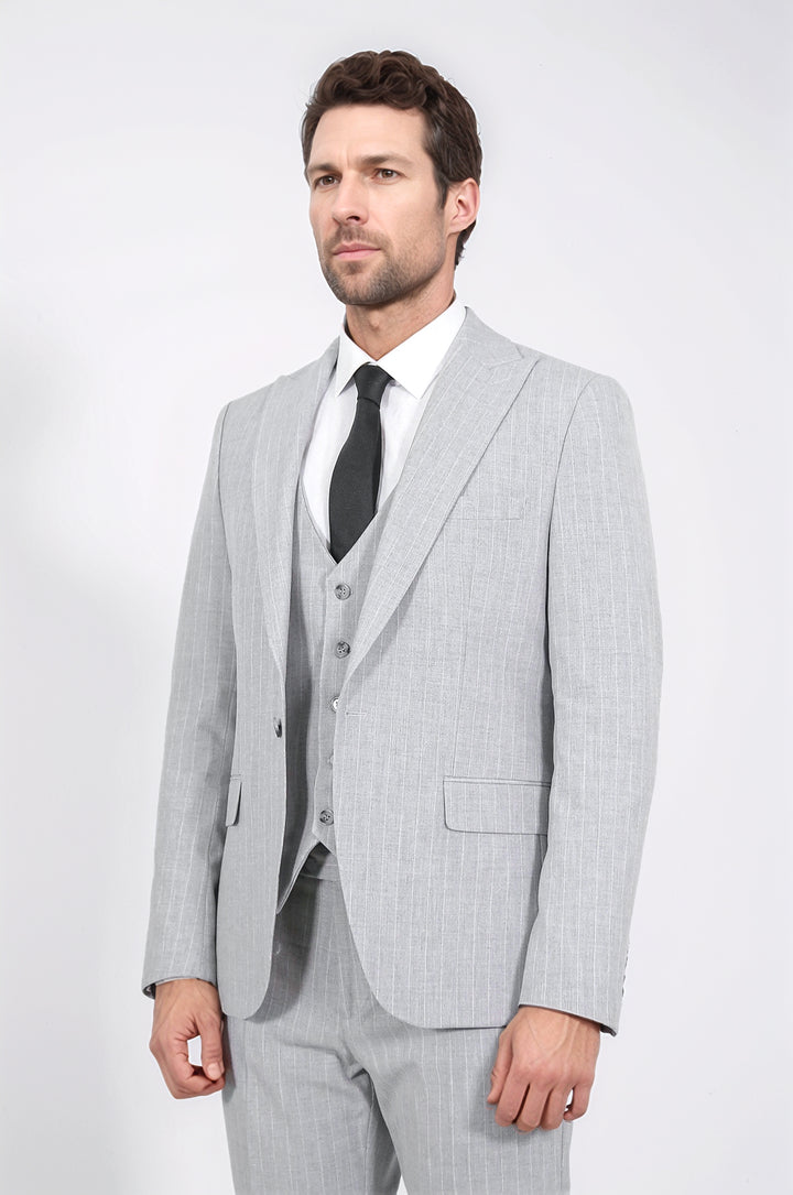 Pinstripe Single Button Vested Light Grey Men's Suit – Wessi