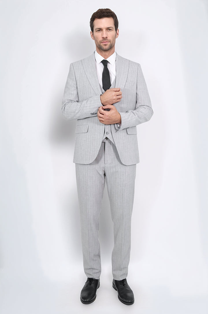 Pinstripe Single Button Vested Light Grey Men's Suit – Wessi
