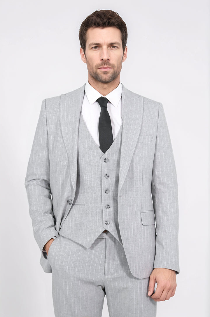 Pinstripe Single Button Vested Light Grey Men's Suit – Wessi