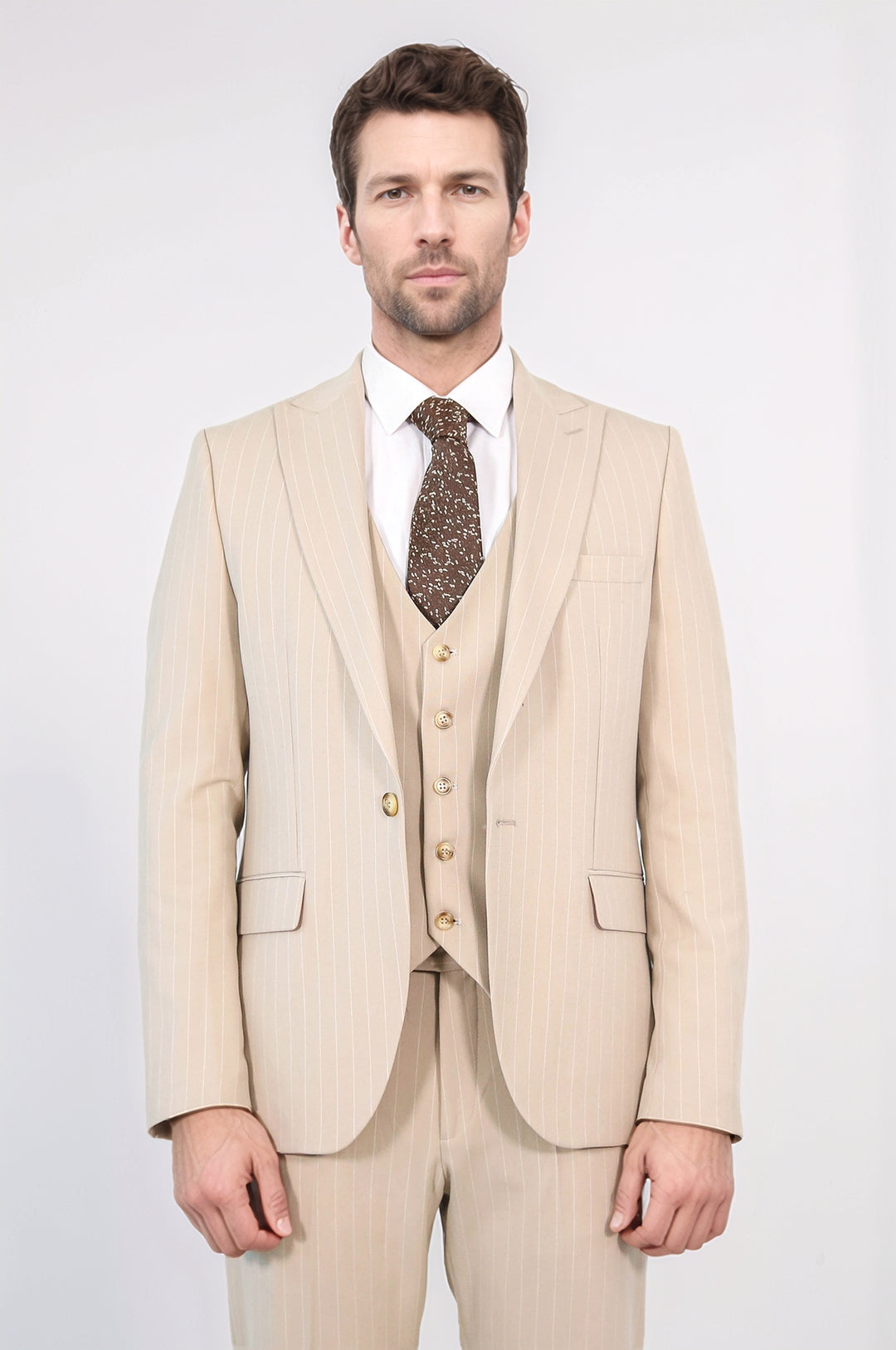 Pinstripe Single Button Vested Cream Men's Suit – Wessi