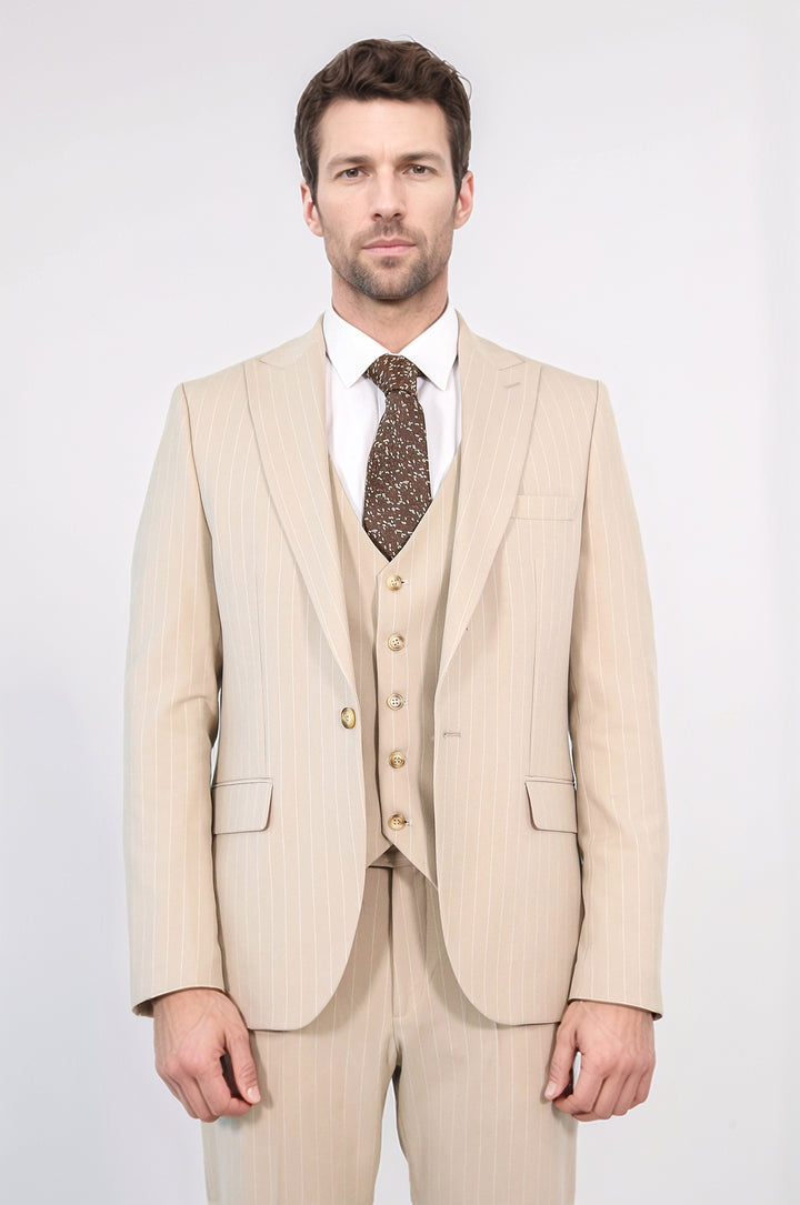 Pinstripe Single Button Vested Cream Men's Suit – Wessi