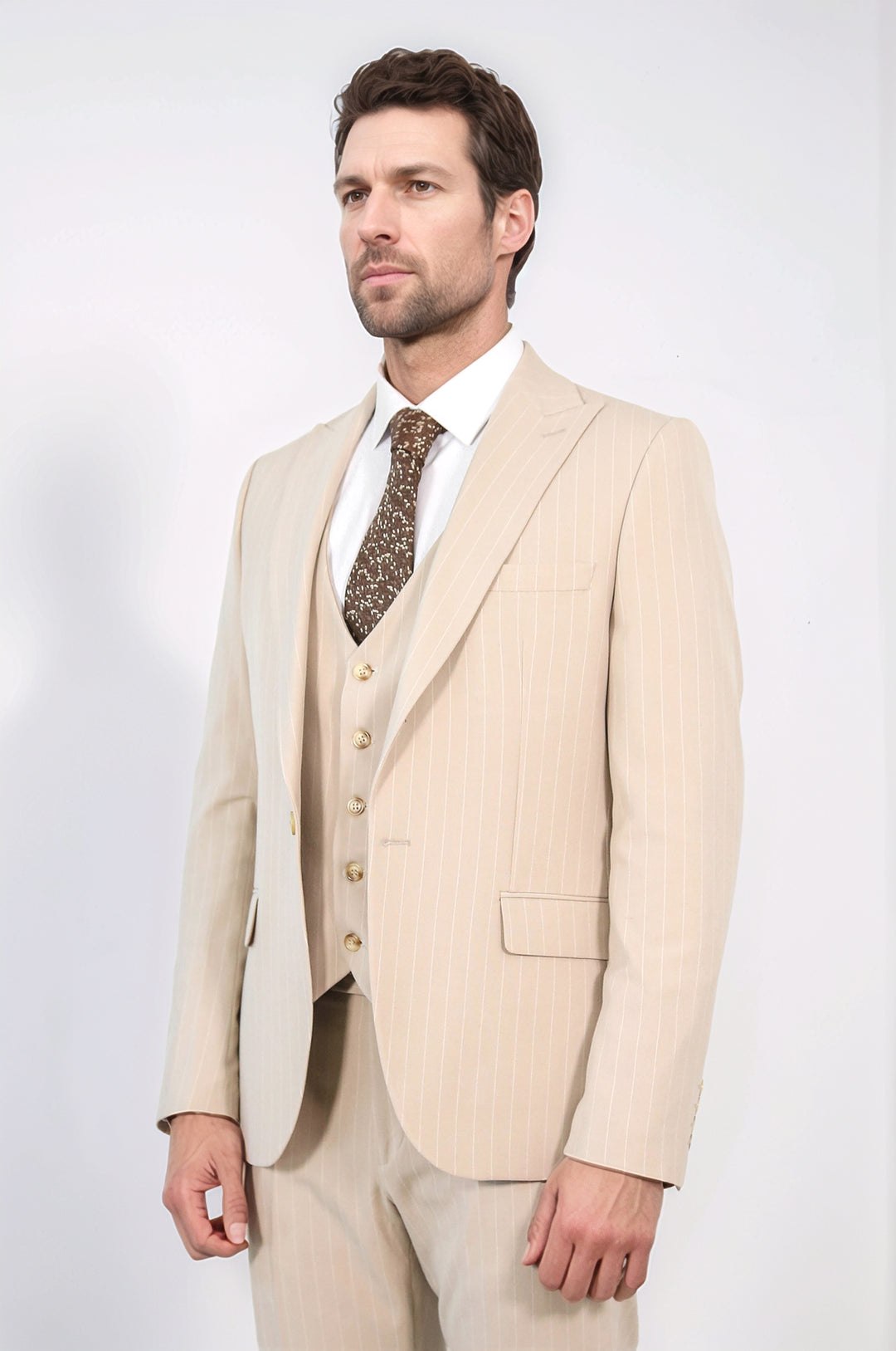 Pinstripe Single Button Vested Cream Men's Suit – Wessi