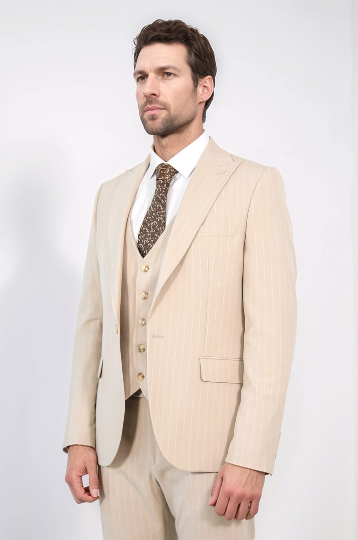 Pinstripe Single Button Vested Cream Men's Suit – Wessi