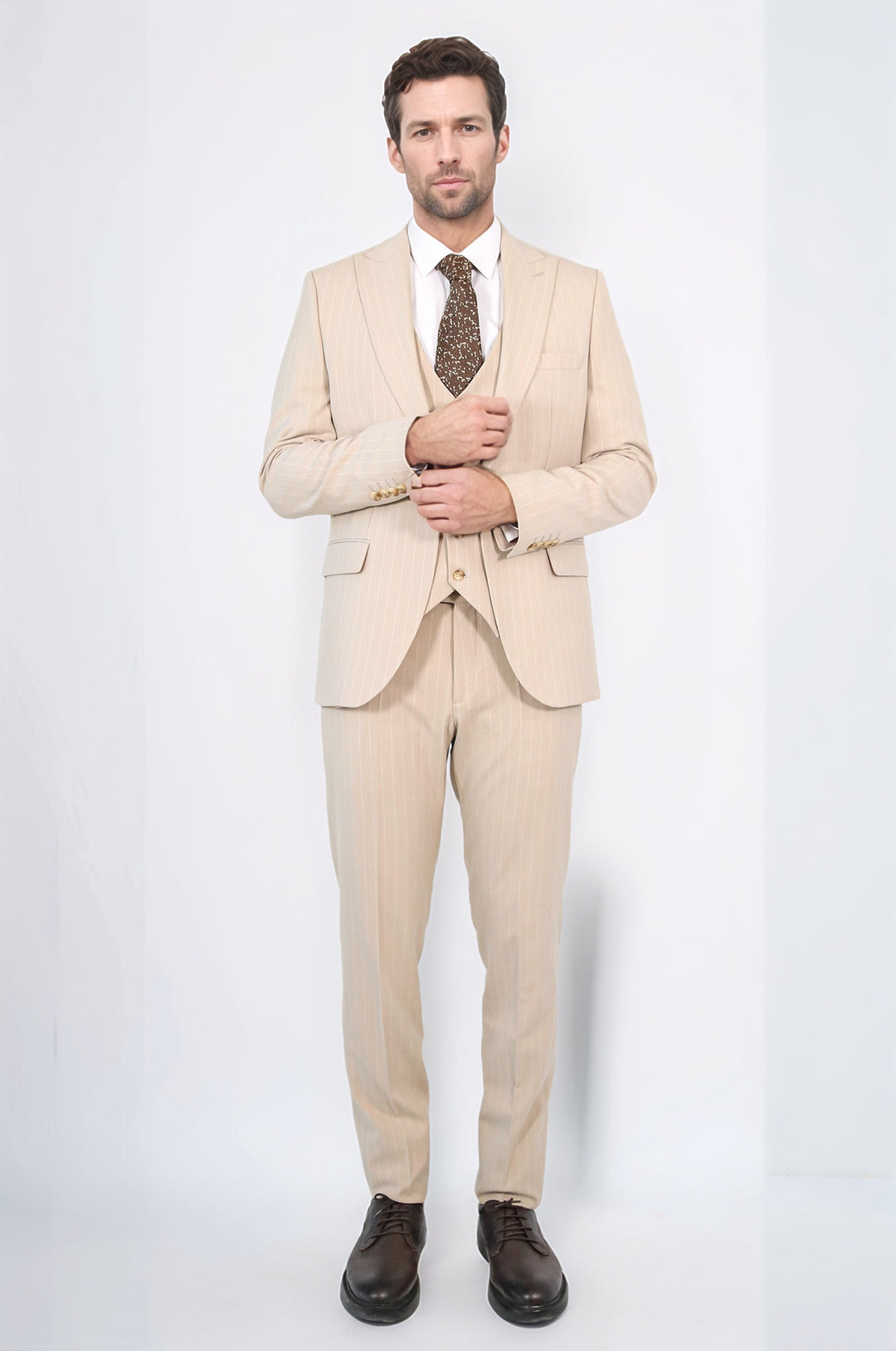 Pinstripe Single Button Vested Cream Men's Suit – Wessi