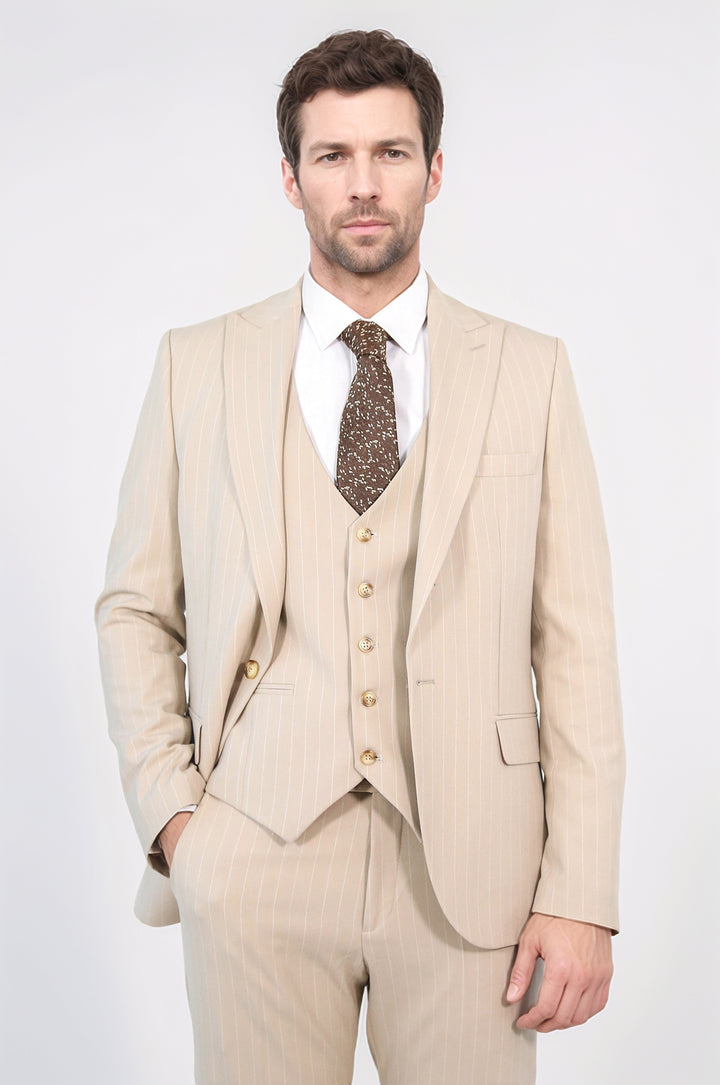 Pinstripe Single Button Vested Cream Men's Suit – Wessi