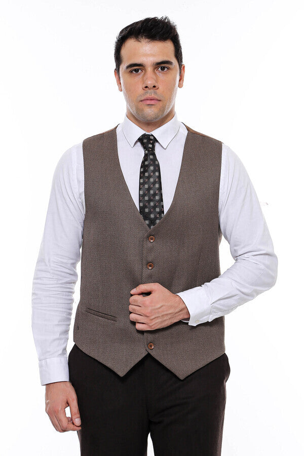 V Neck Patterned Brown Vest - Wessi