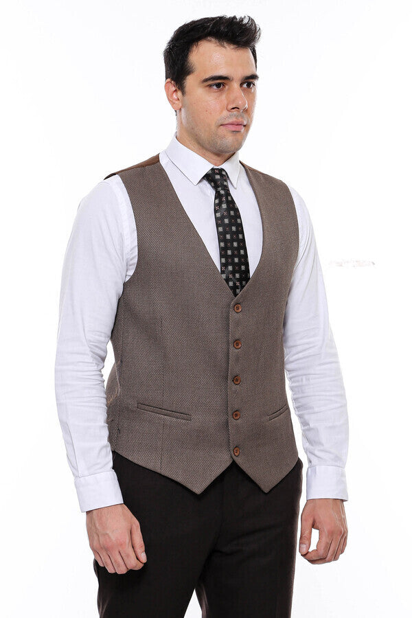 V Neck Patterned Brown Vest - Wessi