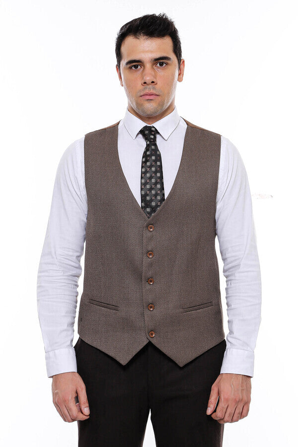 V Neck Patterned Brown Vest - Wessi