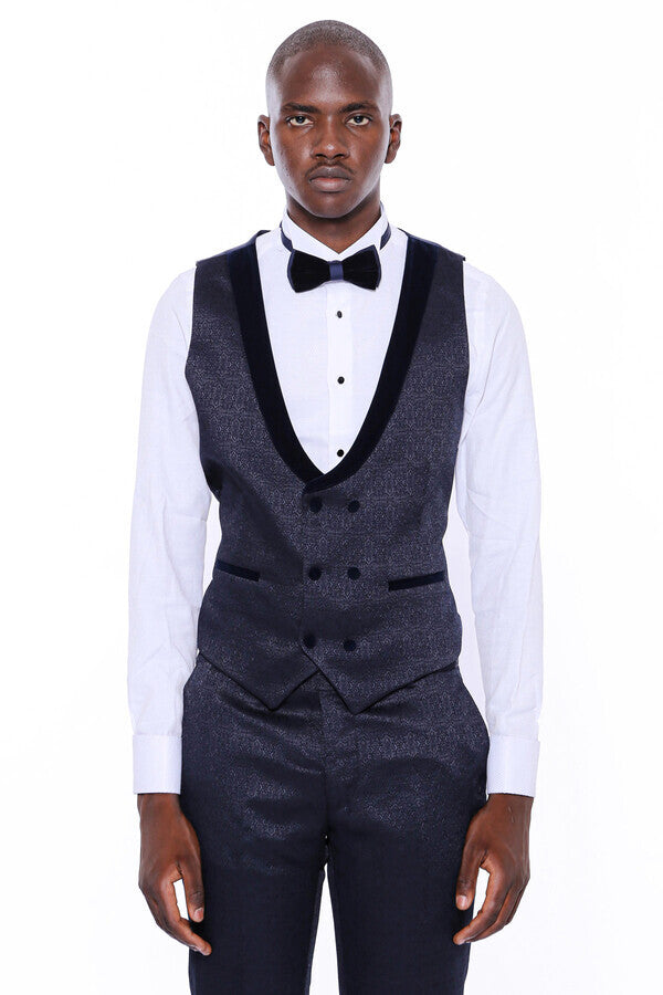 Velvet Lapel Patterned Navy Blue Tuxedo - Wessi