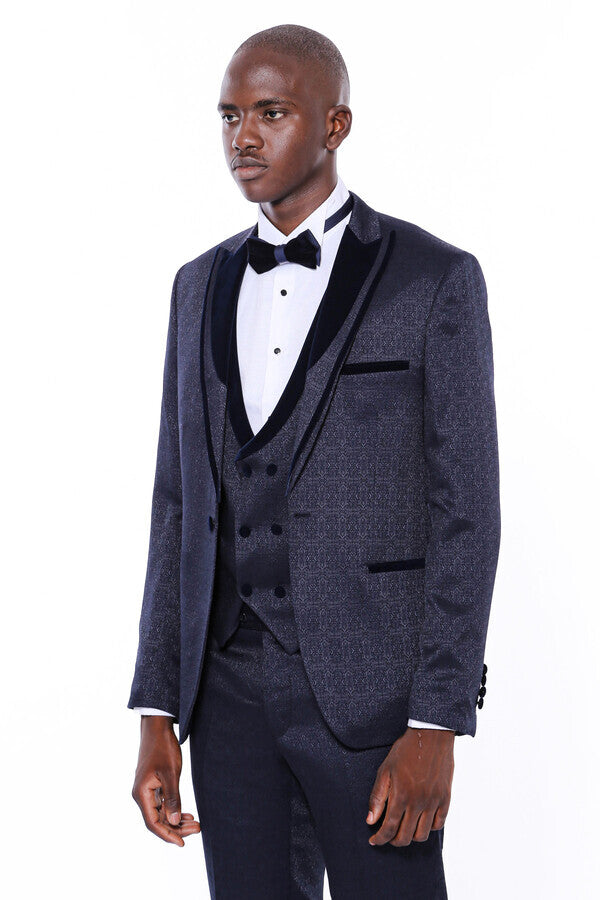 Velvet Lapel Patterned Navy Blue Tuxedo - Wessi