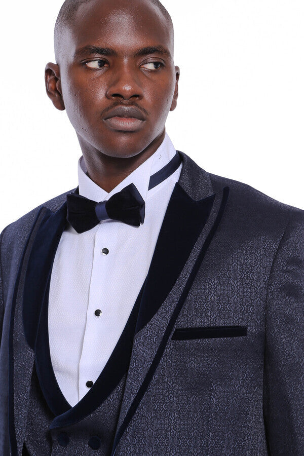 Velvet Lapel Patterned Navy Blue Tuxedo - Wessi