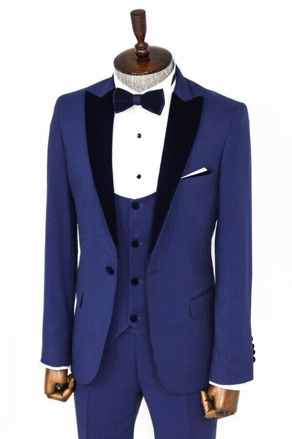 Velvet Lapel Slim Fit Blue Men Suit - Wessi