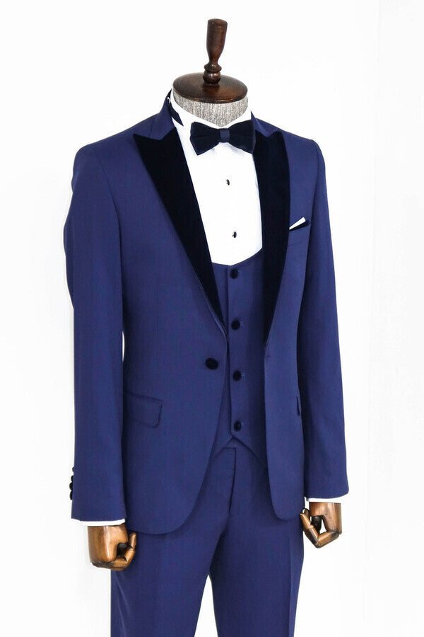 Velvet Lapel Slim Fit Blue Men Suit - Wessi