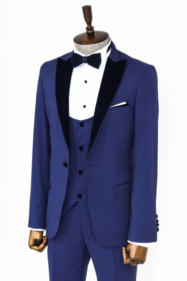 Velvet Lapel Slim Fit Blue Men Suit - Wessi