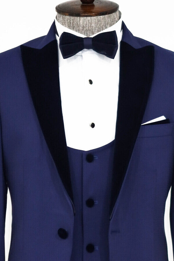 Velvet Lapel Slim Fit Blue Men Suit - Wessi