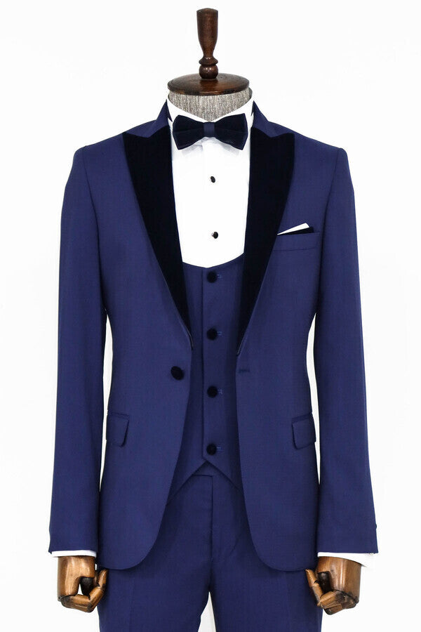 Velvet Lapel Slim Fit Blue Men Suit - Wessi