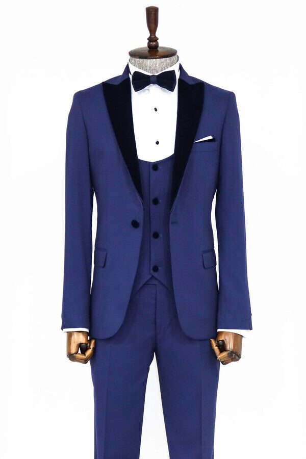 Velvet Lapel Slim Fit Blue Men Suit - Wessi