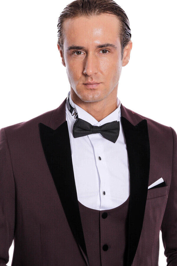 Velvet Lapel Slim Fit Burgundy Men Tuxedo - Wessi