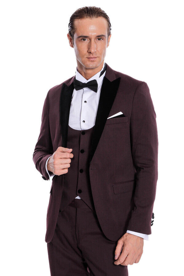 Velvet Lapel Slim Fit Burgundy Men Tuxedo - Wessi