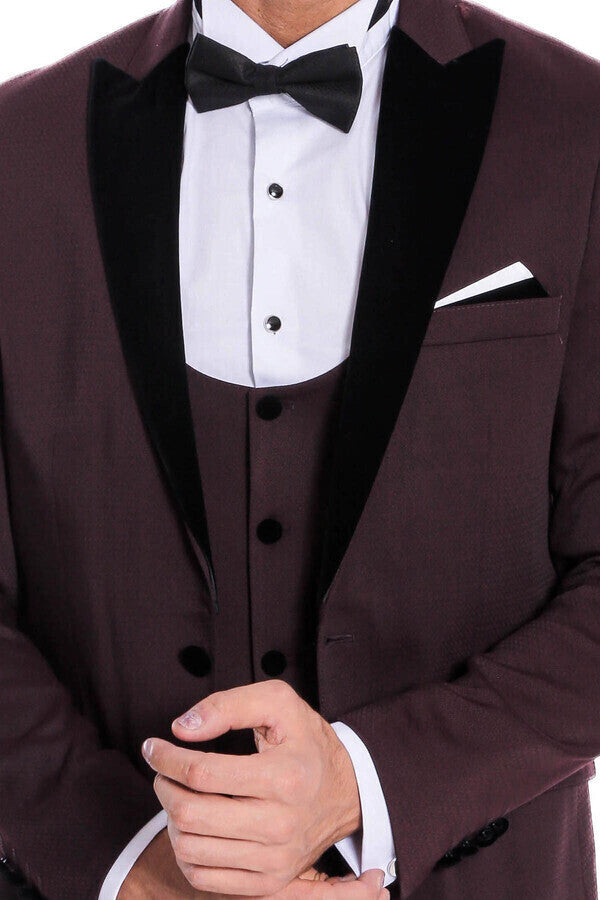 Velvet Lapel Slim Fit Burgundy Men Tuxedo - Wessi