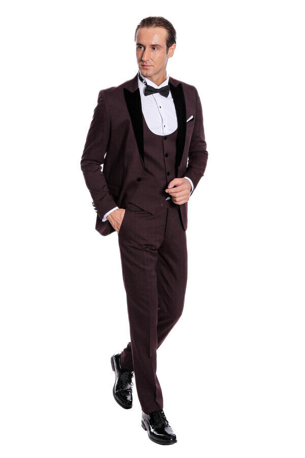 Velvet Lapel Slim Fit Burgundy Men Tuxedo - Wessi