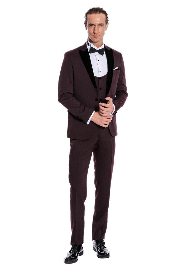 Velvet Lapel Slim Fit Burgundy Men Tuxedo - Wessi