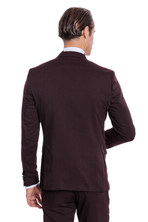 Velvet Lapel Slim Fit Burgundy Men Tuxedo - Wessi