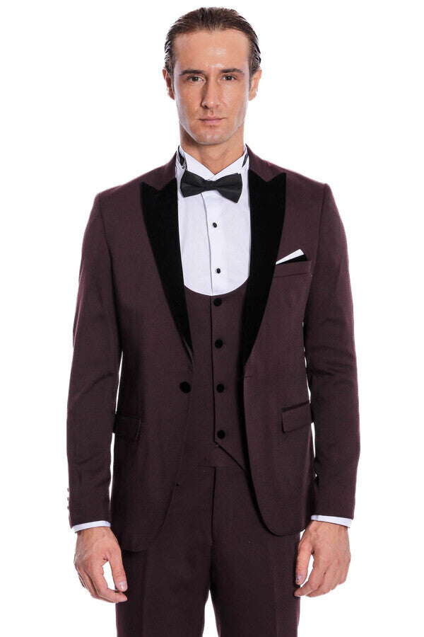 Velvet Lapel Slim Fit Burgundy Men Tuxedo - Wessi