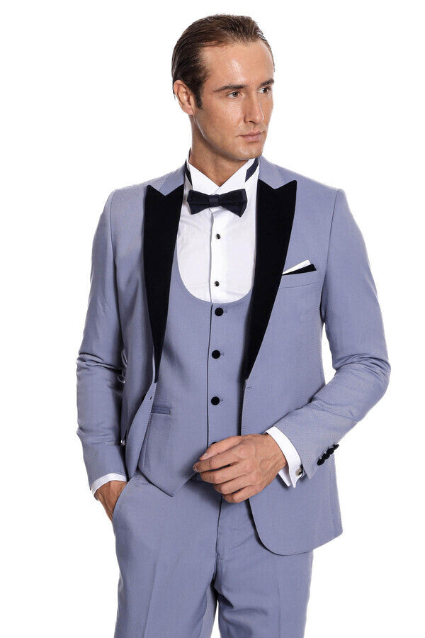 Velvet Lapel Slim Fit Light Blue Men Suit - Wessi