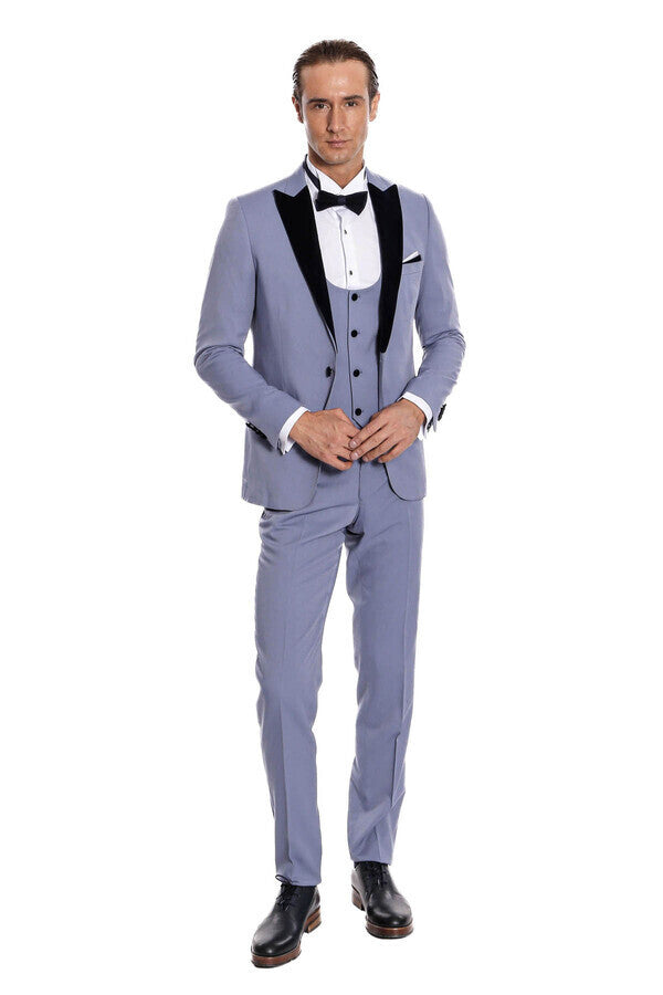 Velvet Lapel Slim Fit Light Blue Men Suit - Wessi