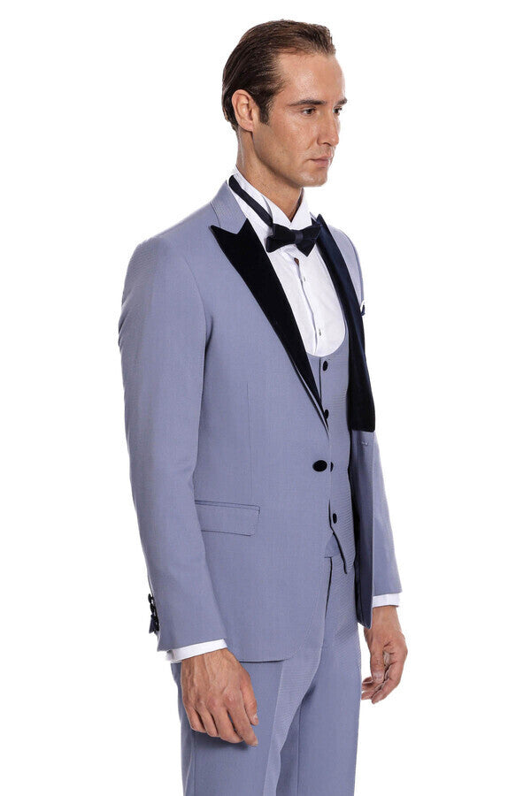 Velvet Lapel Slim Fit Light Blue Men Suit - Wessi