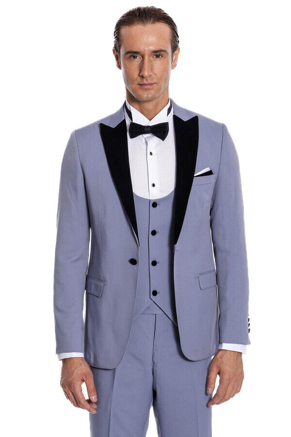 Velvet Lapel Slim Fit Light Blue Men Suit - Wessi