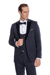 Velvet Lapel Slim Fit Navy Blue Men Tuxedo - Wessi