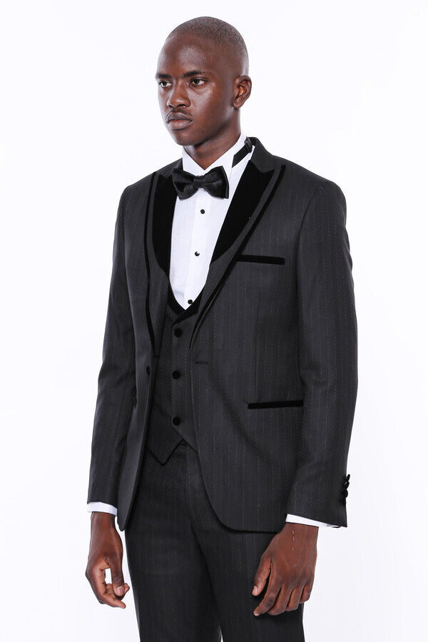 Velvet Lapel Striped Herringbone Black 3 Piece Tuxedo - Wessi