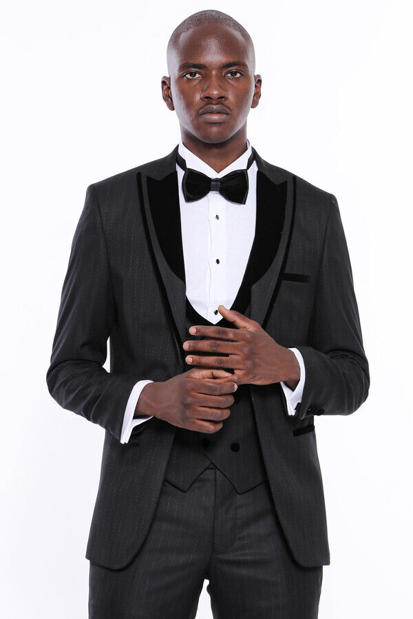 Velvet Lapel Striped Herringbone Black 3 Piece Tuxedo - Wessi