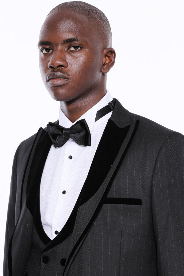 Velvet Lapel Striped Herringbone Black 3 Piece Tuxedo - Wessi