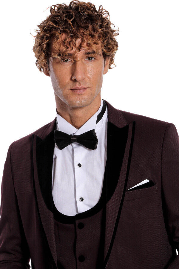 Velvet Lapel Vested Patterned Burgundy Men Tuxedo - Wessi