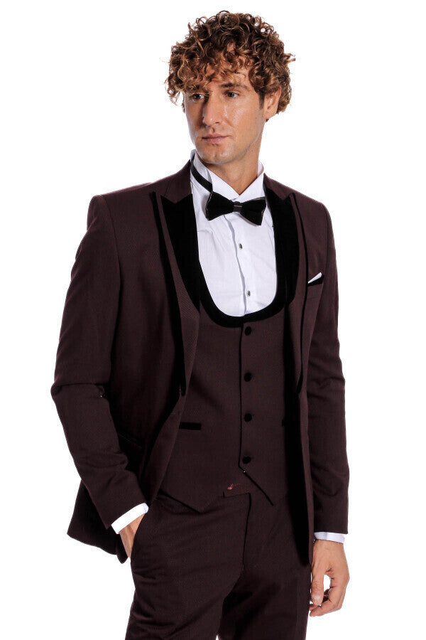 Velvet Lapel Vested Patterned Burgundy Men Tuxedo - Wessi