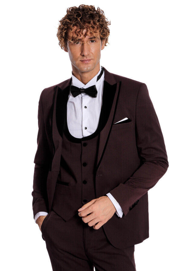 Velvet Lapel Vested Patterned Burgundy Men Tuxedo - Wessi