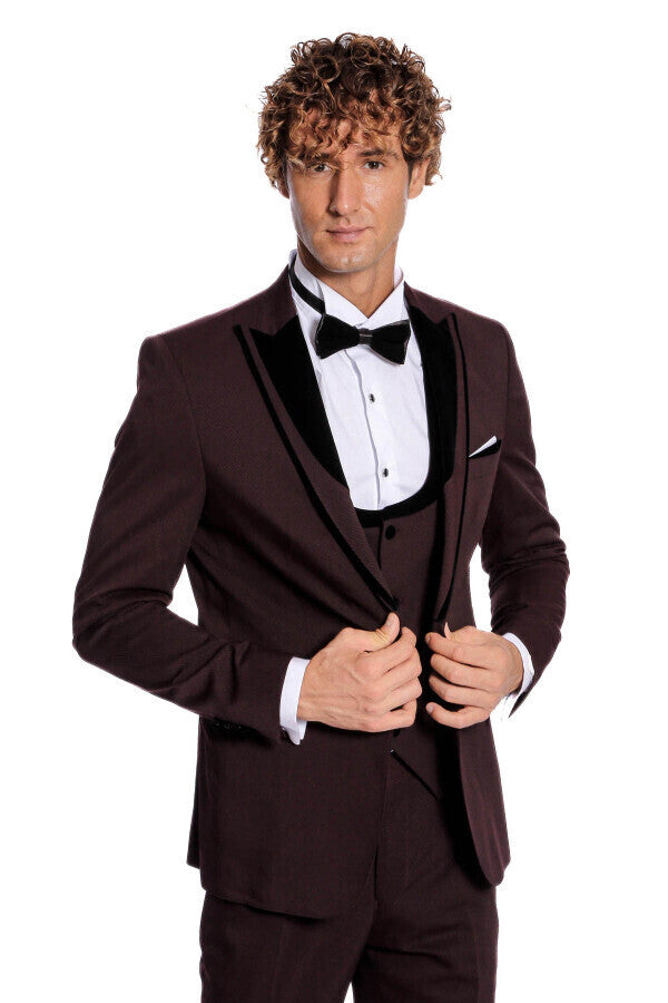 Velvet Lapel Vested Patterned Burgundy Men Tuxedo - Wessi