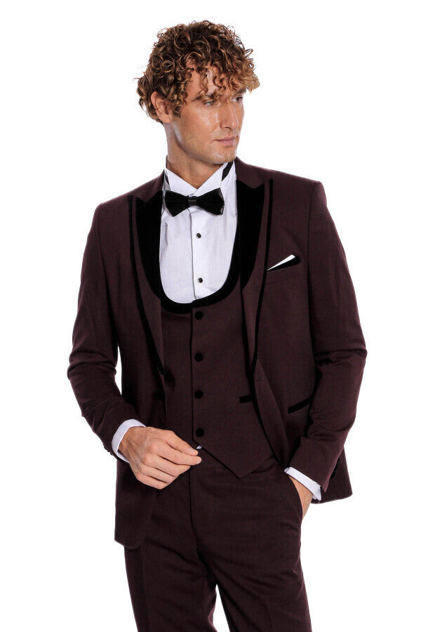 Velvet Lapel Vested Patterned Burgundy Men Tuxedo - Wessi