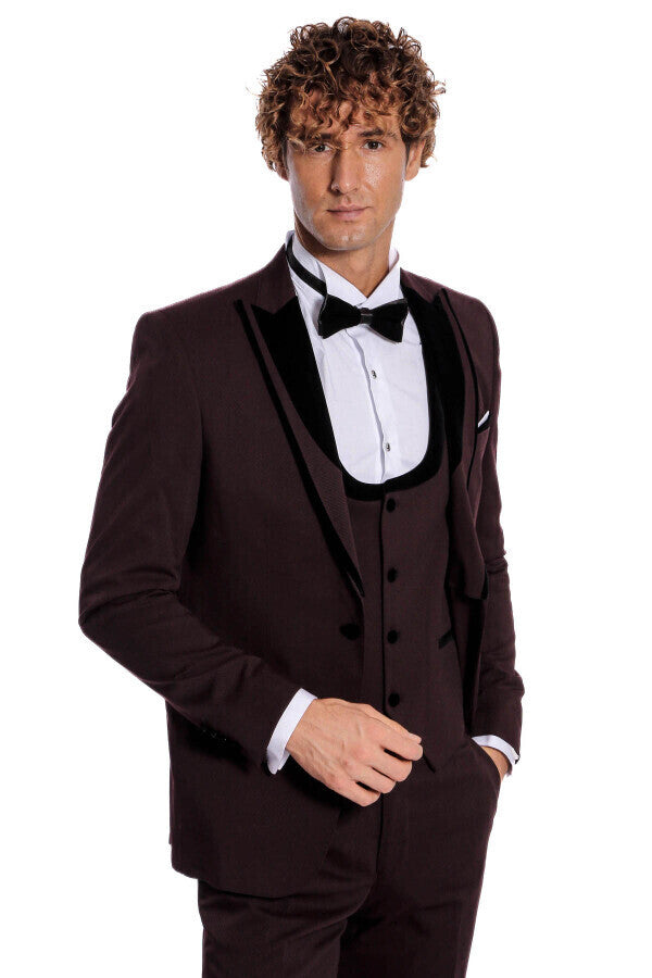 Velvet Lapel Vested Patterned Burgundy Men Tuxedo - Wessi