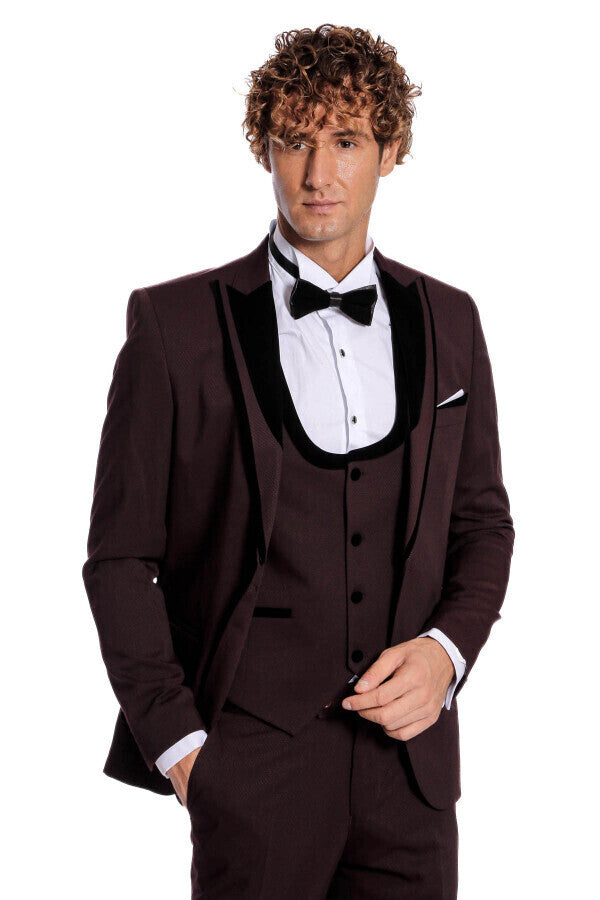 Velvet Lapel Vested Patterned Burgundy Men Tuxedo - Wessi