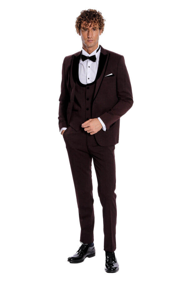 Velvet Lapel Vested Patterned Burgundy Men Tuxedo - Wessi