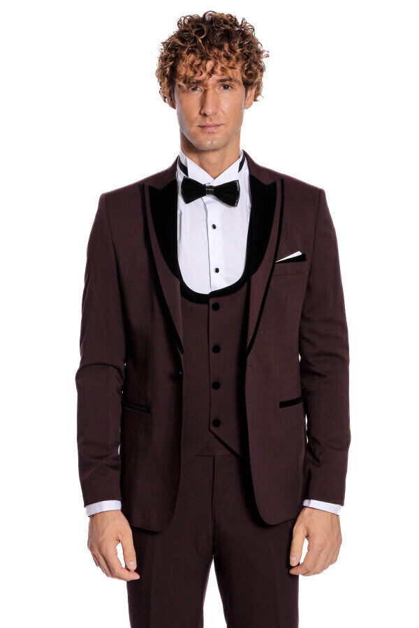 Velvet Lapel Vested Patterned Burgundy Men Tuxedo - Wessi