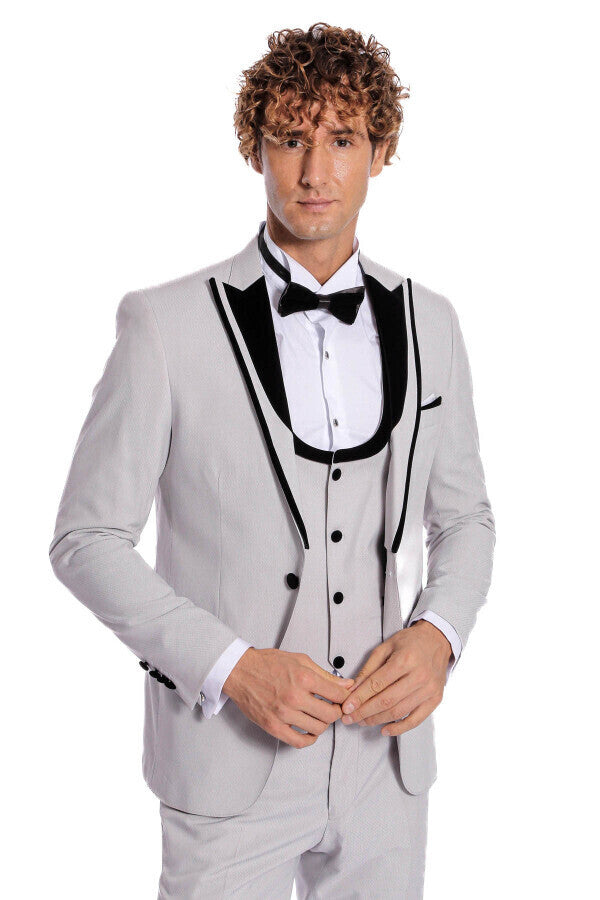 Velvet Lapel Vested Patterned Grey Men Tuxedo - Wessi