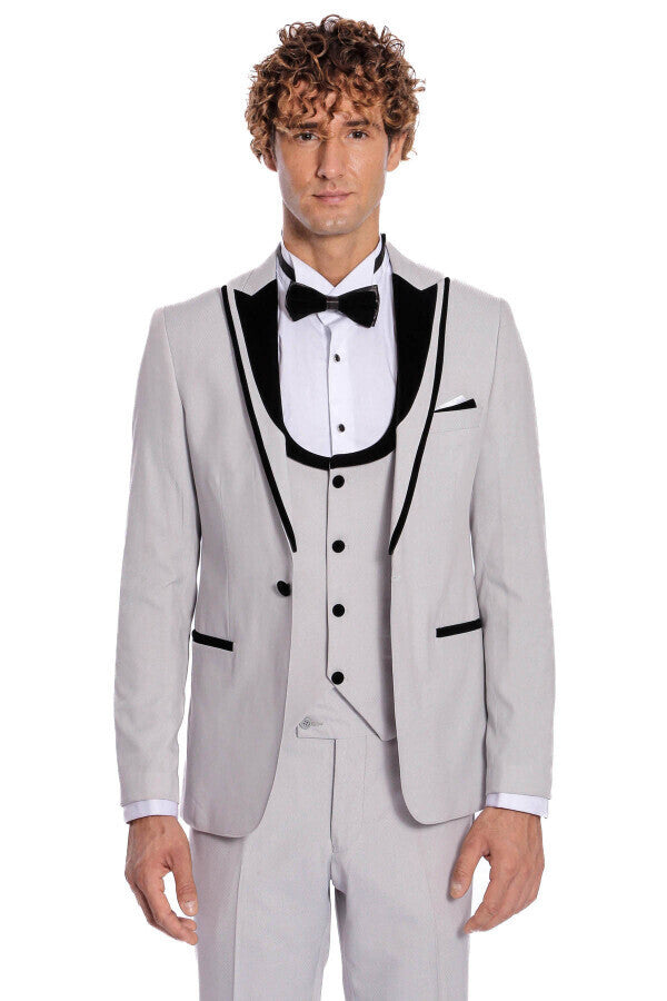 Velvet Lapel Vested Patterned Grey Men Tuxedo - Wessi