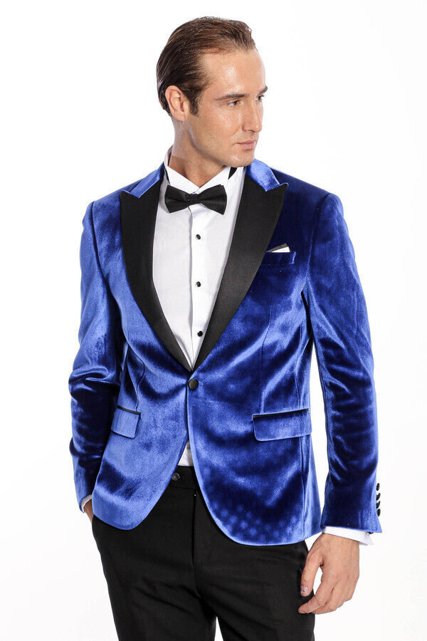 Velvet Navy Blue Slim Fit Men Prom Blazer - Wessi